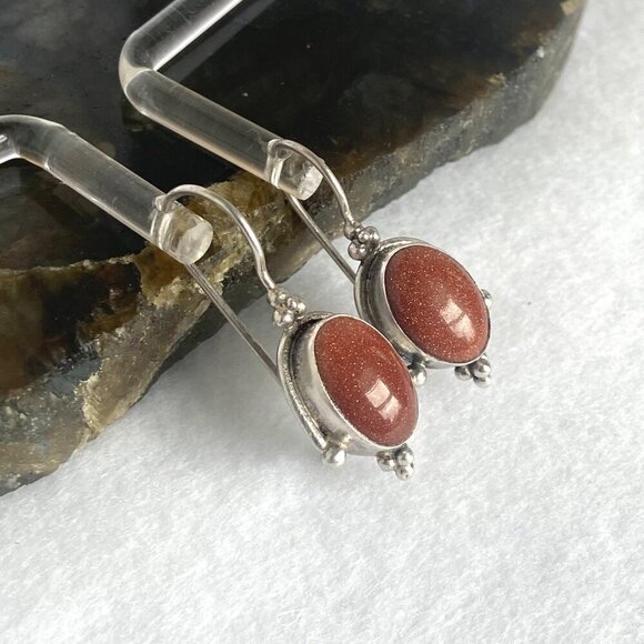 Suarti Sterling Silver 925 BA Oval Goldstone Dangle Kidney Wire Earrings - Picture 2 of 16